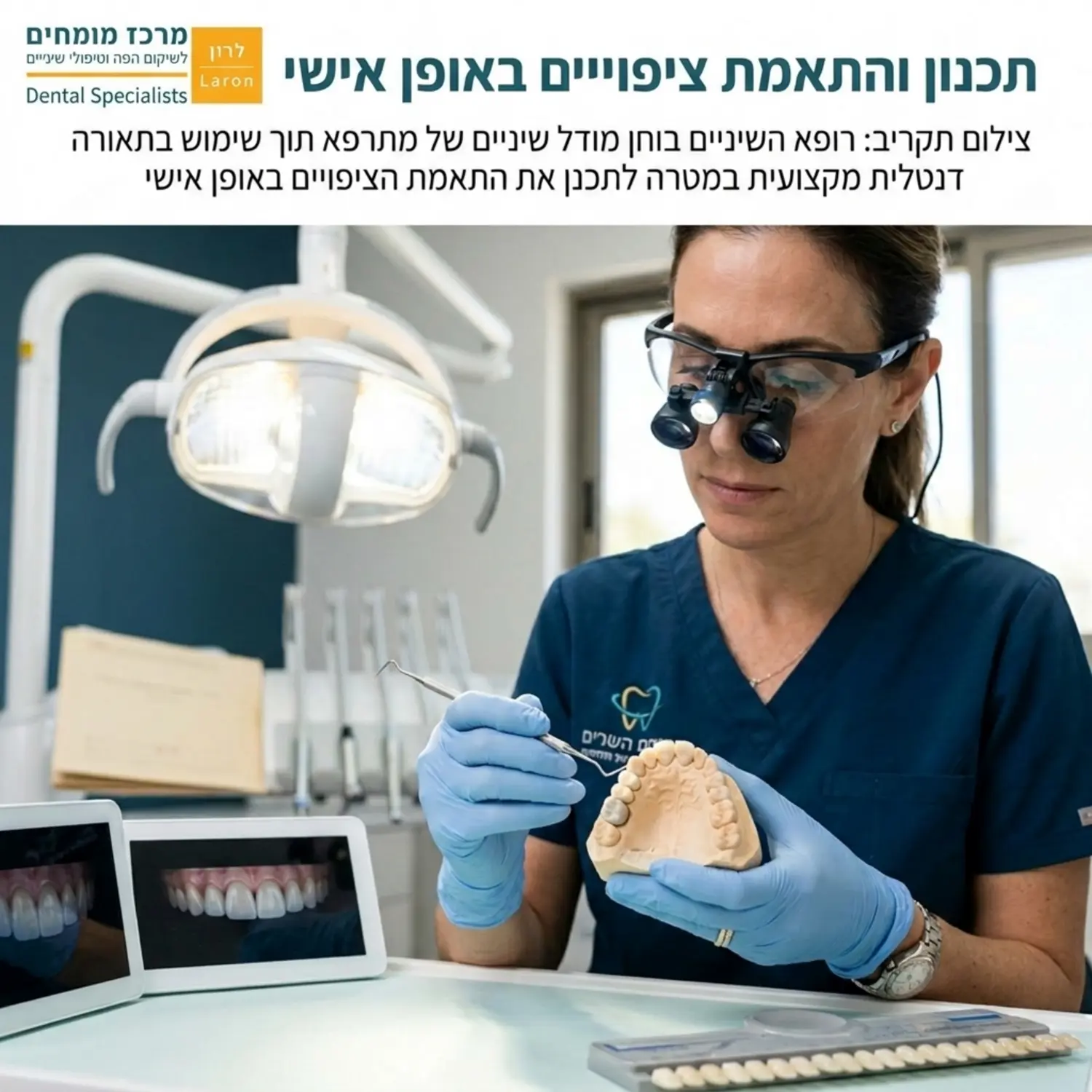 צילום תקריב של רופא שיניים בוחן מודל שיניים של מתרפא תוך שימוש בתאורה דנטלית מקצועית, במטרה לתכנן את התאמת הציפויים באופן אישי