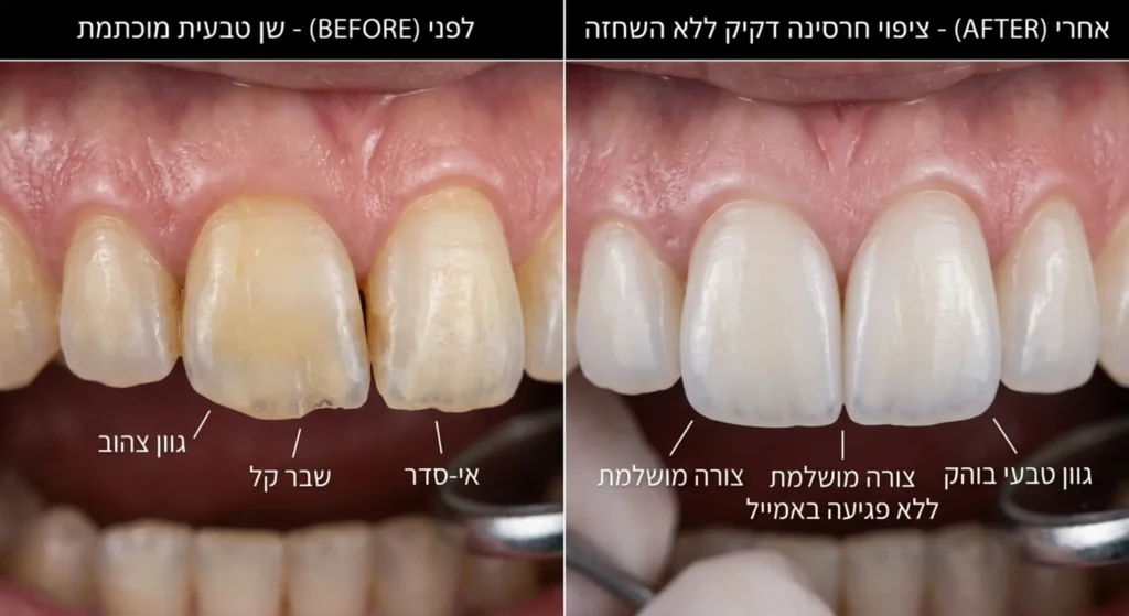 חיוך של מטופל/ת לפני ואחרי טיפול ציפויי שיניים ללא השחזה