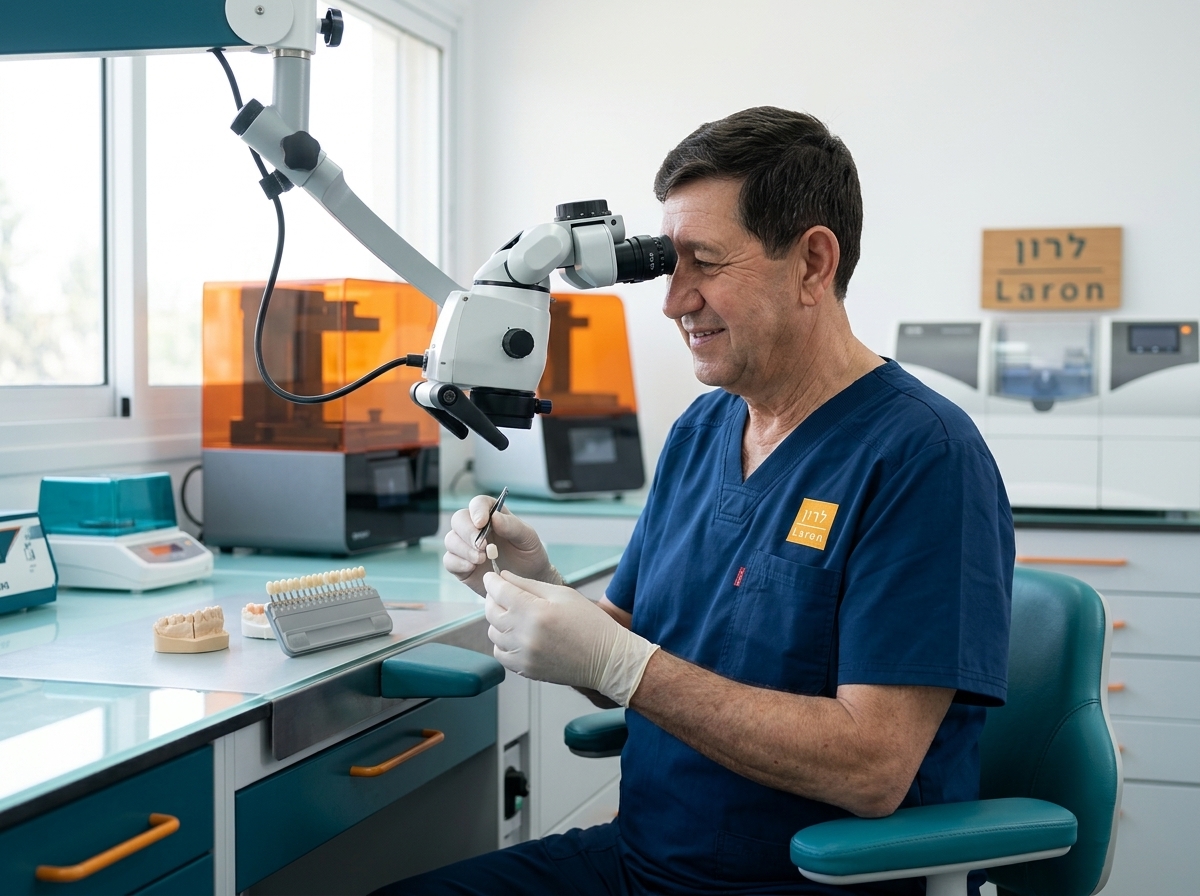 צילום ריאליסטי מתוך מעבדת שיניים מודרנית ונקייה בישראל. טכנאי שיניים מיומן, מואר באור טבעי מחלון גדול, בוחן בקפידה ציפוי חרסינה עדין תחת מיקרוסקופ, תוך התאמה מדויקת לגוון בדגם.