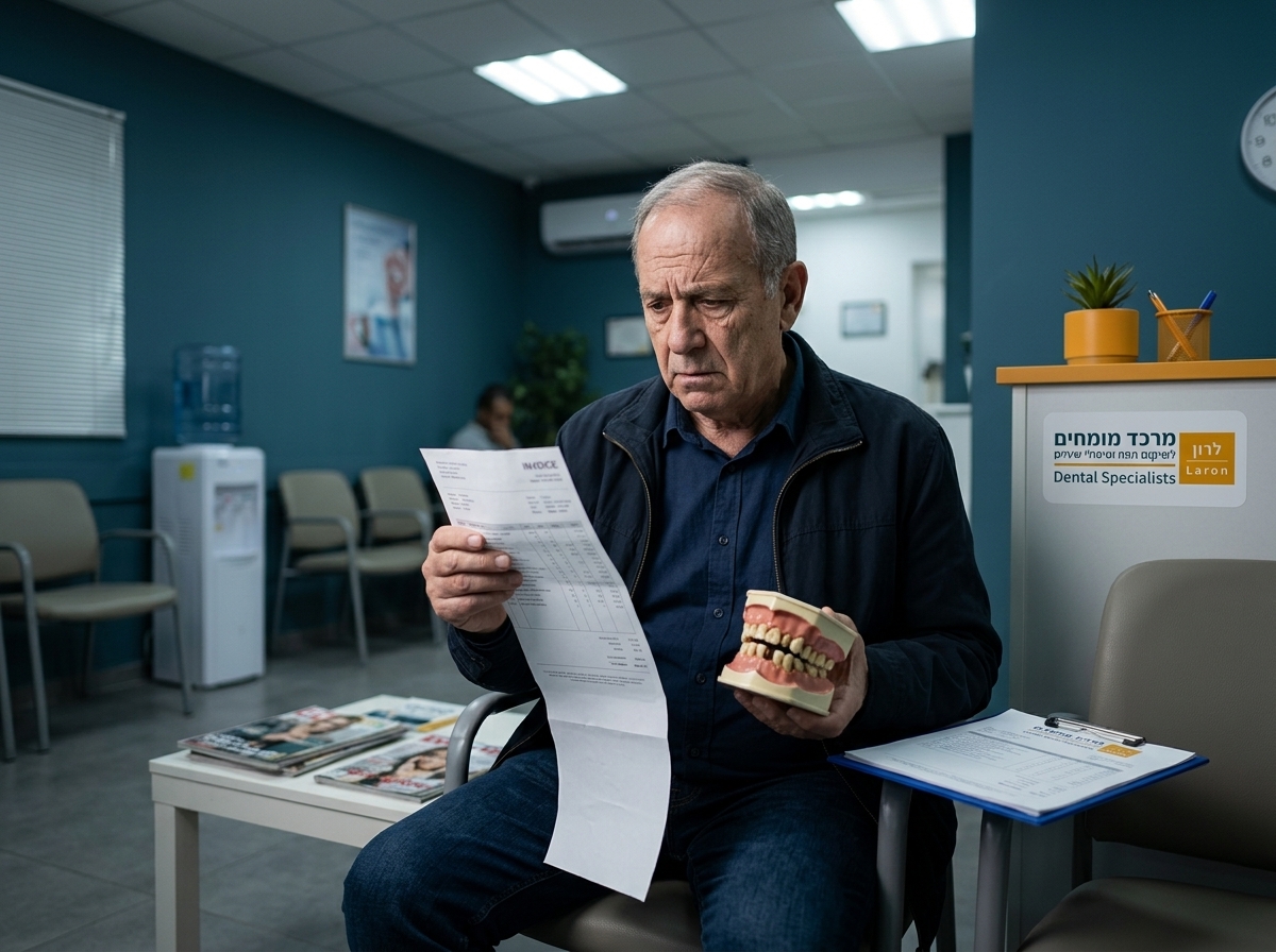 צילום פוטו-ריאליסטי של מטופל מודאג בחדר המתנה של מרפאת שיניים, מסתכל על חשבונית ארוכה ועל דגם שיניים פגום, תאורת פלורסנט קרה, אווירה של חרטה ודאגה כלכלית