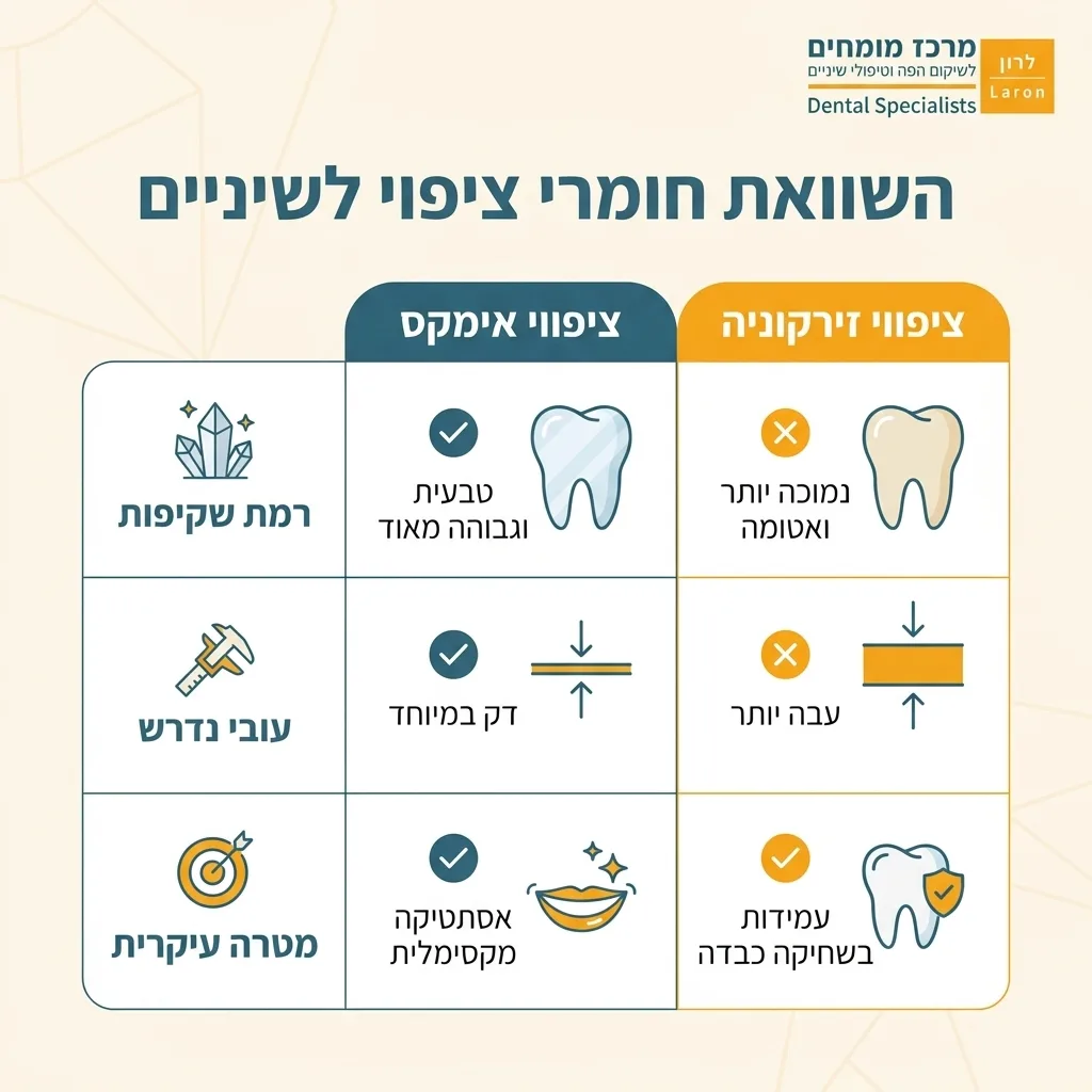 אינפוגרפיקה — השוואת חומרי ציפוי לשיניים: השוואה בין ציפויי אימקס, ציפויי זירקוניה